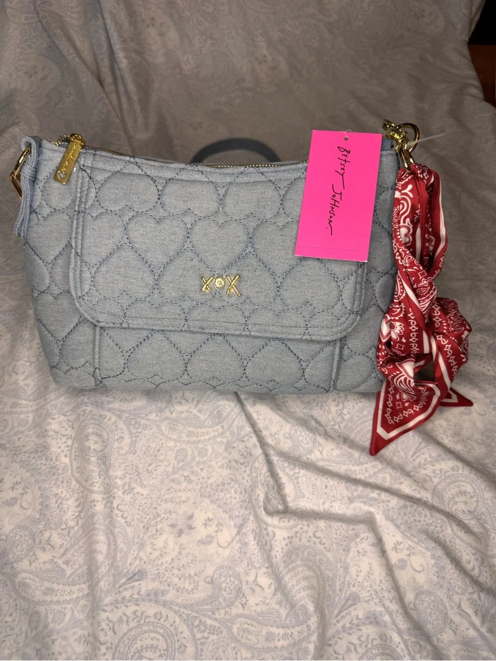 Betsey Johnson Light Blue Soft Denim Quilted Heart Crossbody & Red Bandana Clip